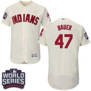 Men's Cleveland Indians #47 Trevor Bauer Cream 2016 World Series Patch Stitched MLB Majestic Flex Base Jersey_副本