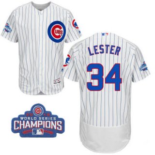 Men's Chicago Cubs #34 Jon Lester White Home Majestic Flex Base 2016 World Series Champions Patch Jersey