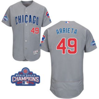 Men's Chicago Cubs #49 Jake Arrieta Gray Road Majestic Flex Base 2016 World Series Champions Patch Jersey