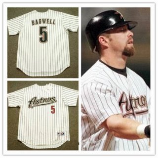 Men's Houston Astros #5 Jeff Bagwell White Pinstirpe 2001 Throwback Stitched MLB Majestic Cooperstown Collection Jersey