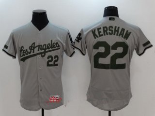 Men's Los Angeles Dodgers #22 Clayton Kershaw Gray with Green Memorial Day Stitched MLB Majestic Flex Base Jersey