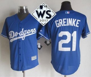 Men's Los Angeles Dodgers #21 Zack Greinke Blue New Cool Base 2017 World Series Bound Stitched MLB Jersey