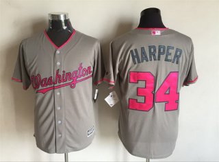 Men's Washington Nationals #34 Bryce Harper Gray With Pink 2016 Mother's Day Baseball Cool Base Jersey