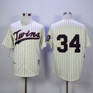 Men's Minnesota Twins #34 Kirby Puckett Retired 1969 Cream Pinstirpe Mitchell & Ness Throwback Jersey