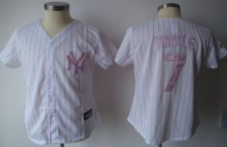 New York Yankees #7 Mantle White With Pink Pinstripe Womens Jersey