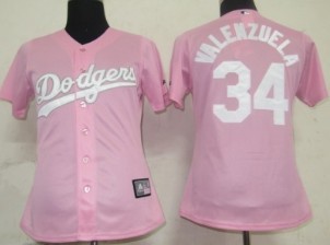 Los Angeles Dodgers #34 Valenzuela Pink With White Womens Jersey