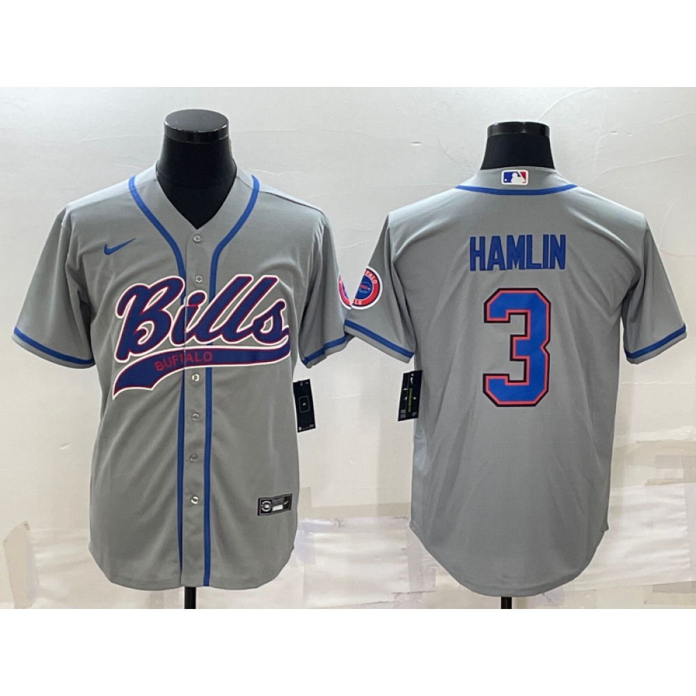Men's Buffalo Bills #3 Damar Hamlin Gray With Patch Cool Base Stitched Baseball Jersey