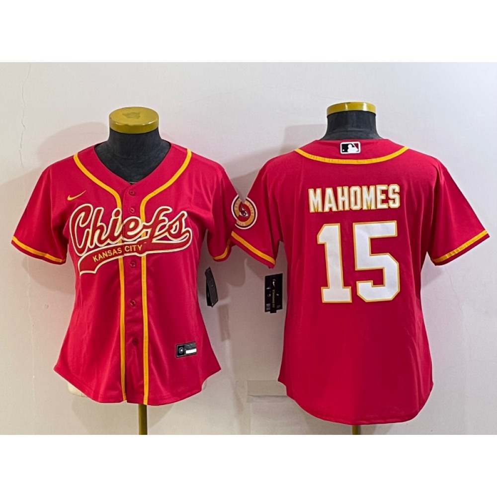 Women's Kansas City Chiefs #15 Patrick Mahomes Red With Patch Cool Base Stitched Baseball Jersey(Run Small)