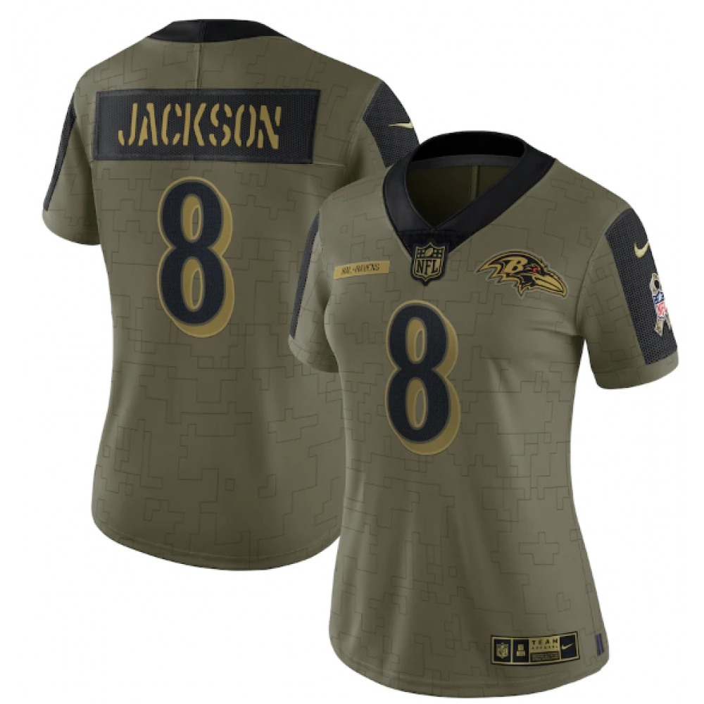Women's Baltimore Ravens #8 Lamar Jackson 2021 Olive Salute To Service Limited Stitched Jersey(Run Small)