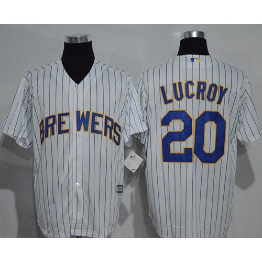 Brewers #20 Jonathan Lucroy White(Blue Strip) New Cool Base Stitched MLB Jersey