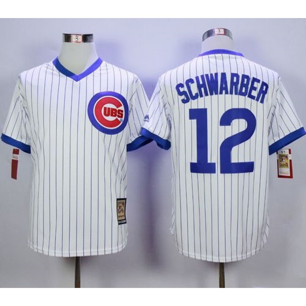 Cubs #12 Kyle Schwarber White Strip Home Cooperstown Stitched MLB Jersey