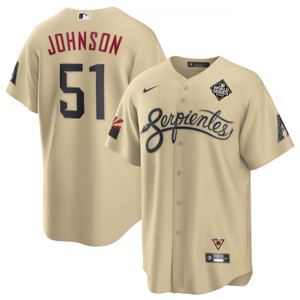 Men's Arizona Diamondbacks #51 Randy Johnson Cream 2023 World Series City Connect Cool Base Stitched Baseball Jersey