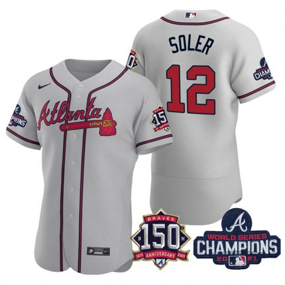 Men's Atlanta Braves #12 Jorge Soler 2021 Grey World Series Champions With 150th Anniversary Flex Base Stitched Jersey