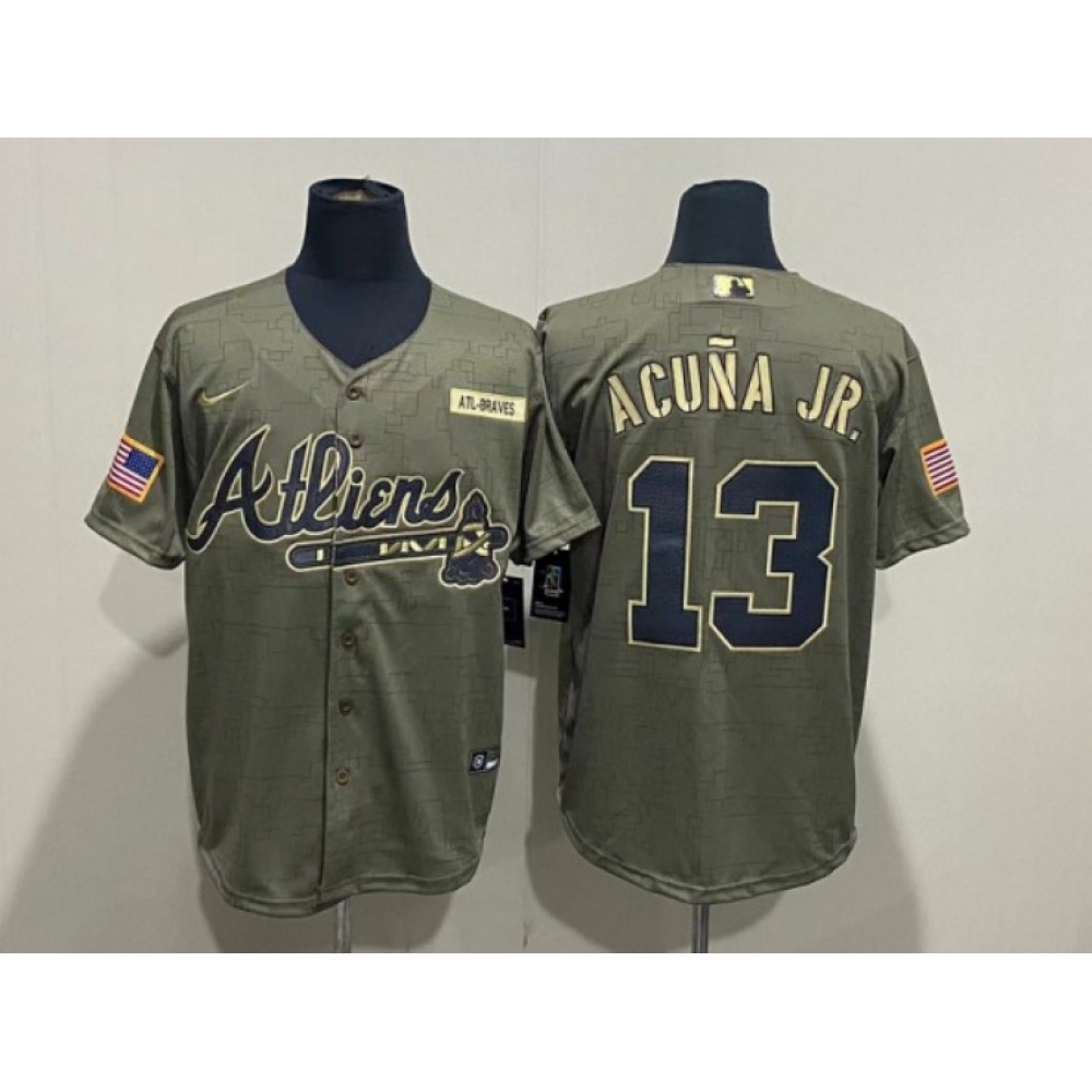 Men's Atlanta Braves #13 Ronald Acuna Jr. 2021 Green Salute To Service Cool Base Stitched Jersey