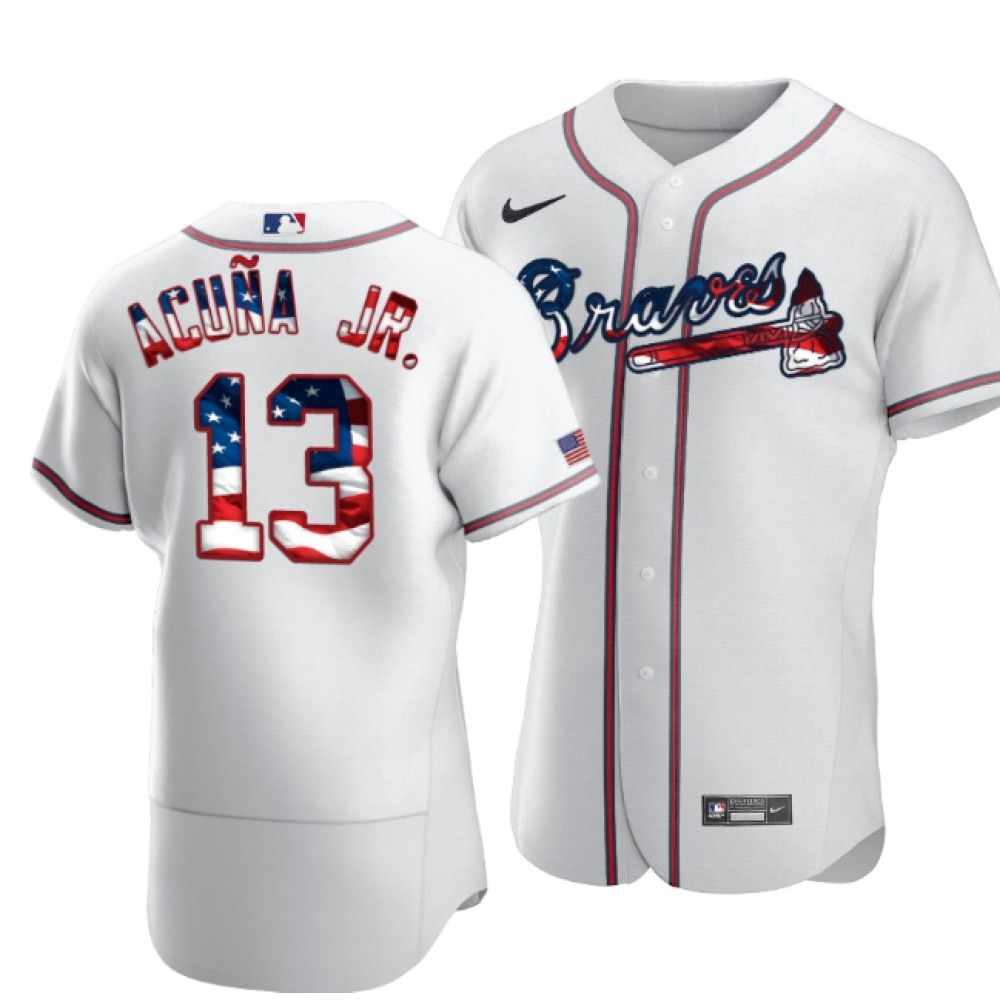Men's Atlanta Braves #13 Ronald Acuna Jr White 2020 Stars & Stripes Flex Base Stitched Jersey