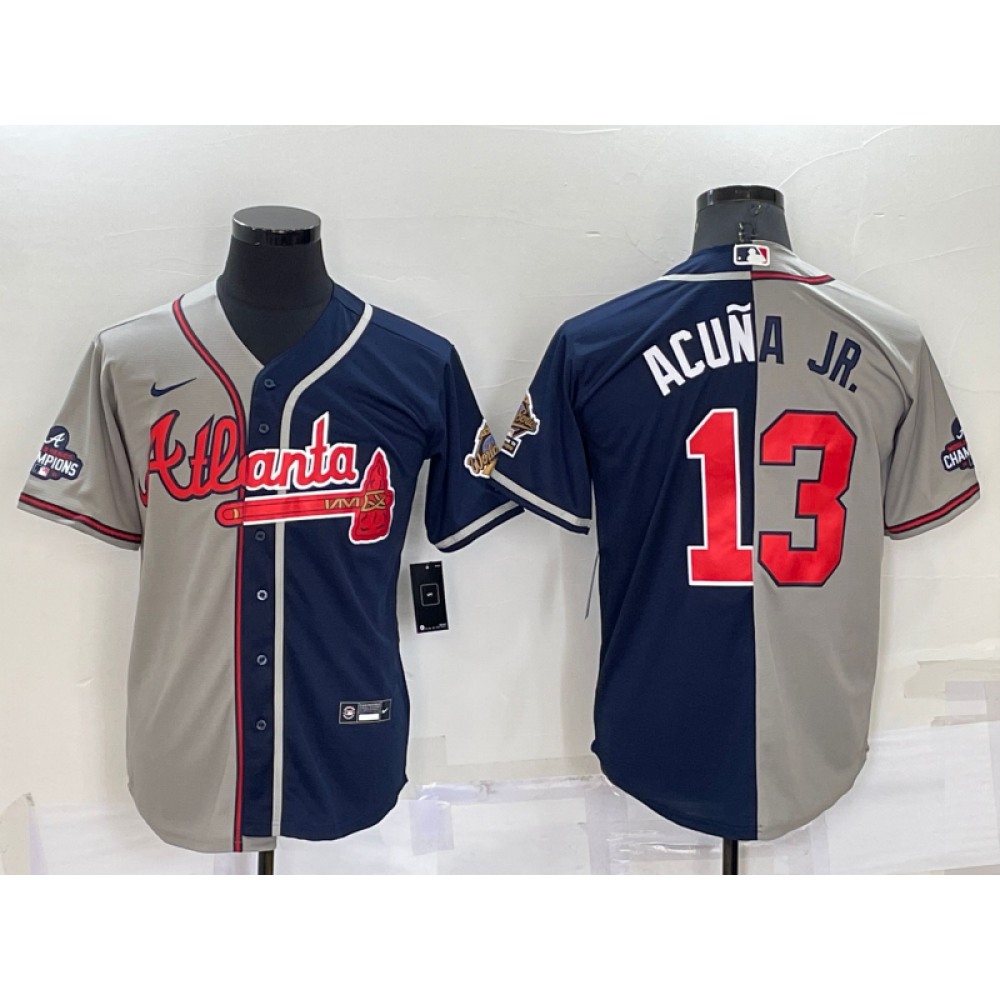 Men's Atlanta Braves #13 Ronald Acuna Jr. Gray Navy Two Tone Split Cool Base Stitched Baseball Jersey
