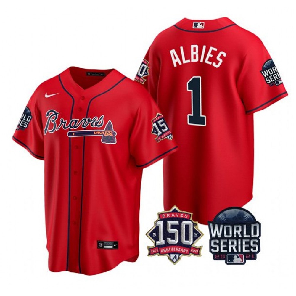 Men's Atlanta Braves #1 Ozzie Albies 2021 Red World Series With 150th Anniversary Patch Cool Base Stitched Jersey