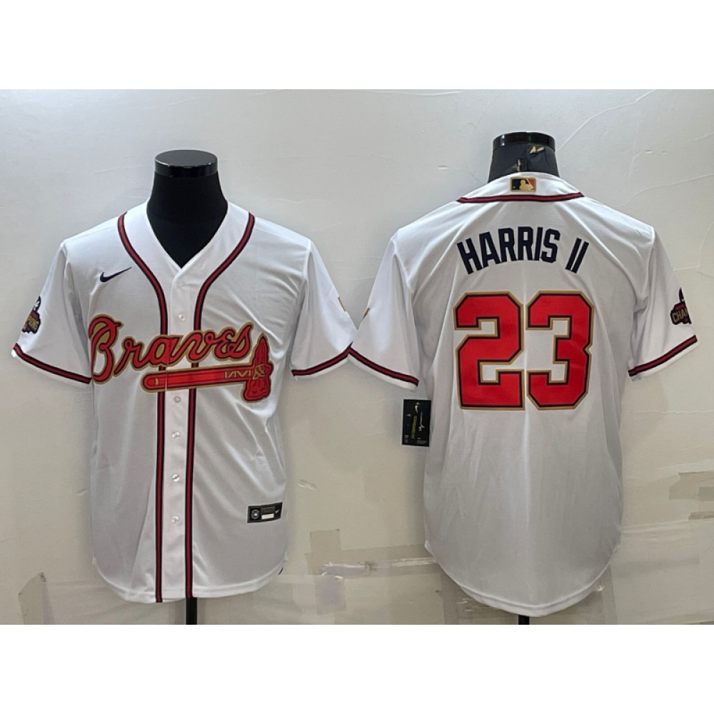 Men's Atlanta Braves #23 Michael Harris ii White/Gold World Series Champions Program Cool Base Stitched Baseball Jersey