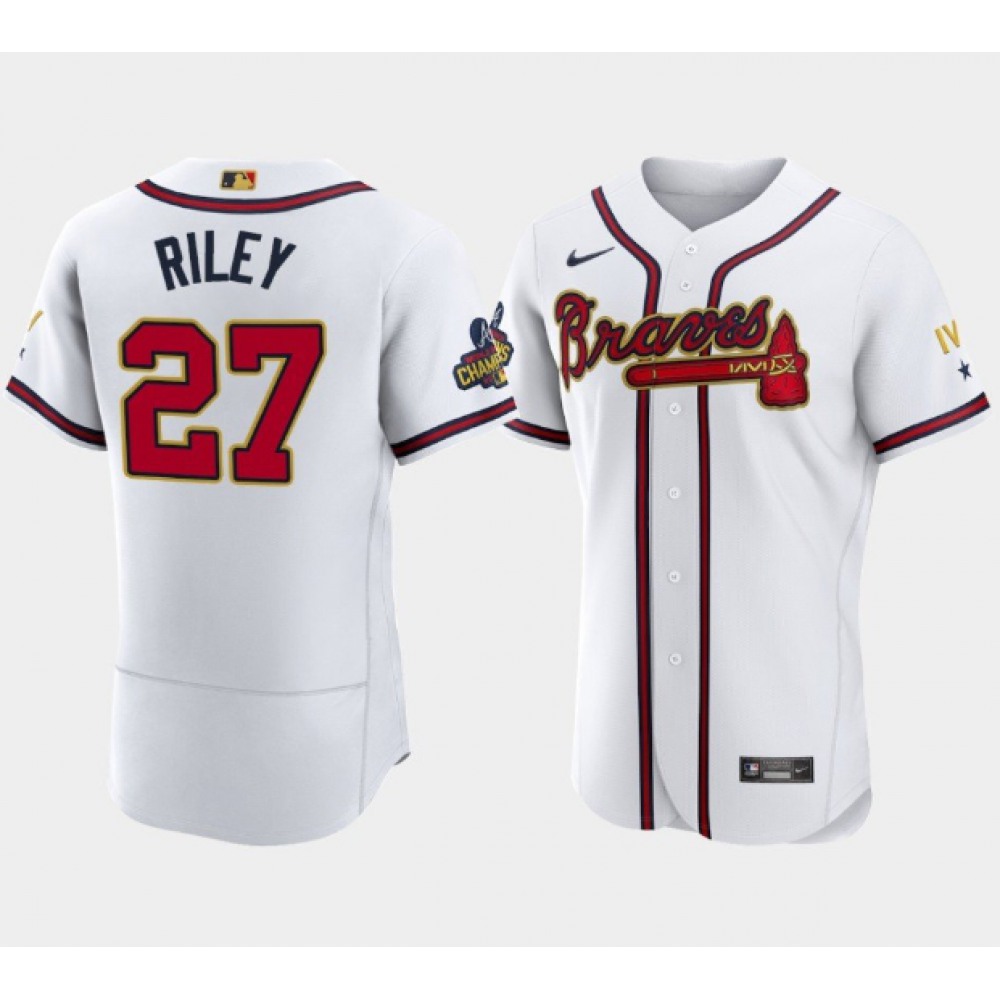 Men's Atlanta Braves #27 Austin Riley 2022 White/Gold World Series Champions Program Flex Base Stitched Baseball Jersey
