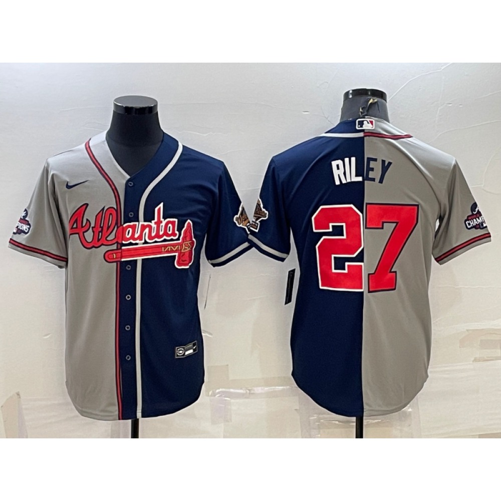 Men's Atlanta Braves #27 Austin Riley Gray Navy Two Tone Split Cool Base Stitched Baseball Jersey