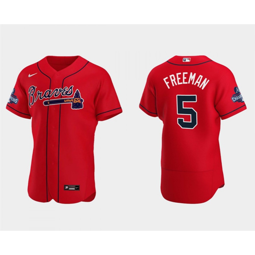 Men's Atlanta Braves #5 Freddie Freeman 2021 Red World Series Champions Flex Base Stitched Jersey