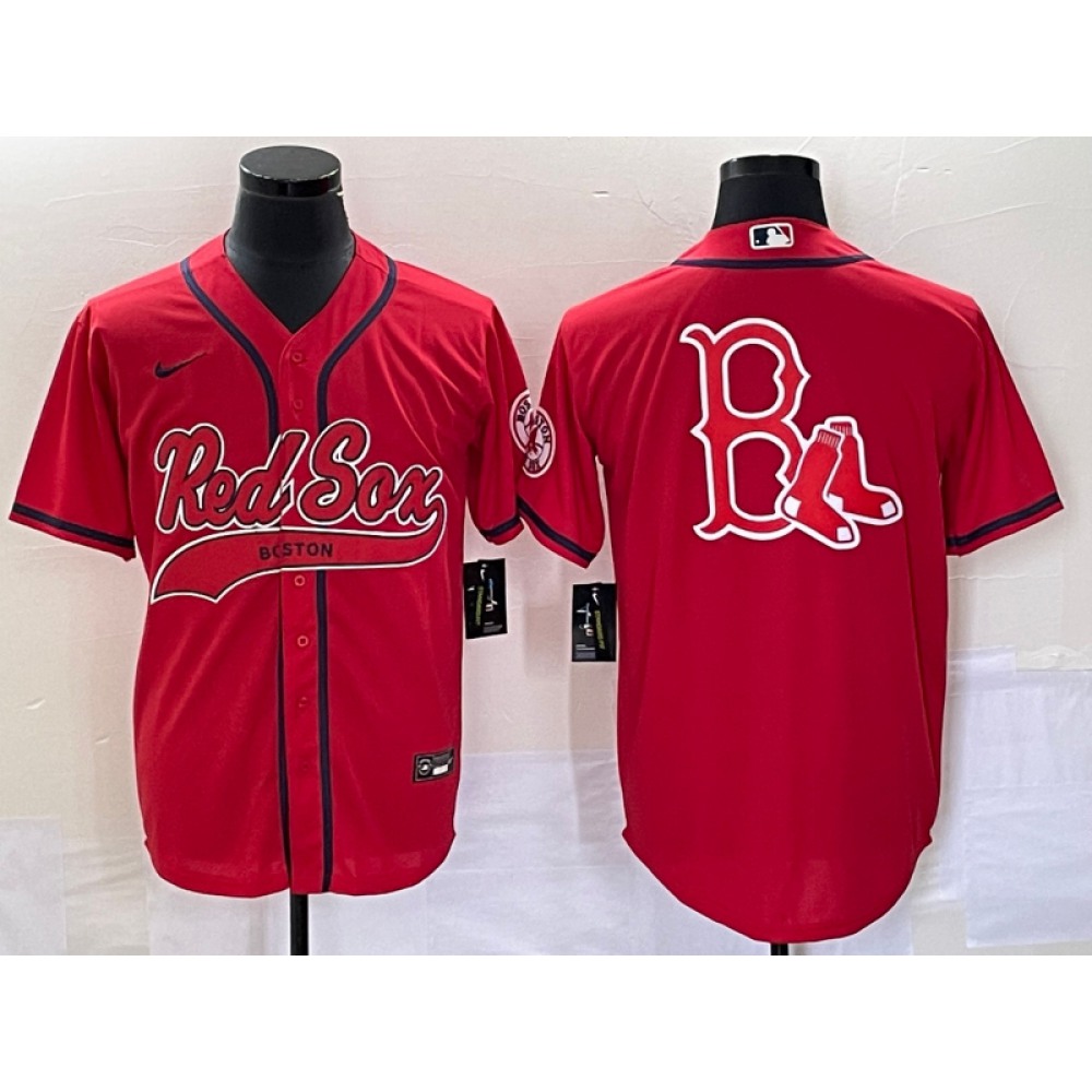 Men's Boston Red Sox Red Team Big Logo With Patch Cool Base Stitched Baseball Jersey