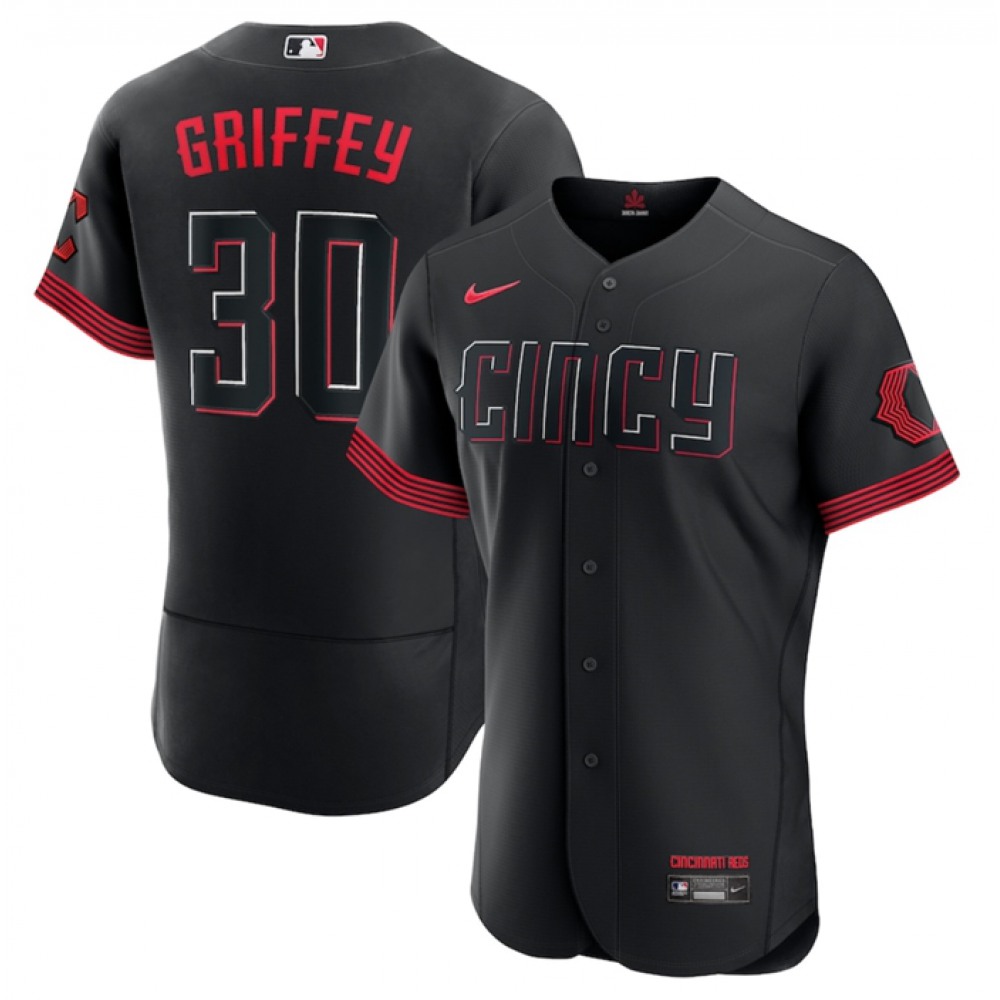 Men's Cincinnati Reds #30 Ken Griffey Jr. Black 2023 City Connect Flex Base Stitched Jersey