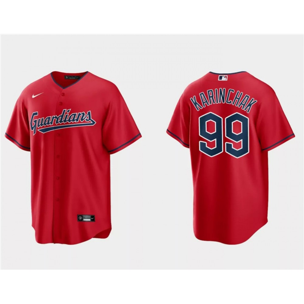 Men's Cleveland Guardians #99 James Karinchak Red Cool Base Stitched Jersey