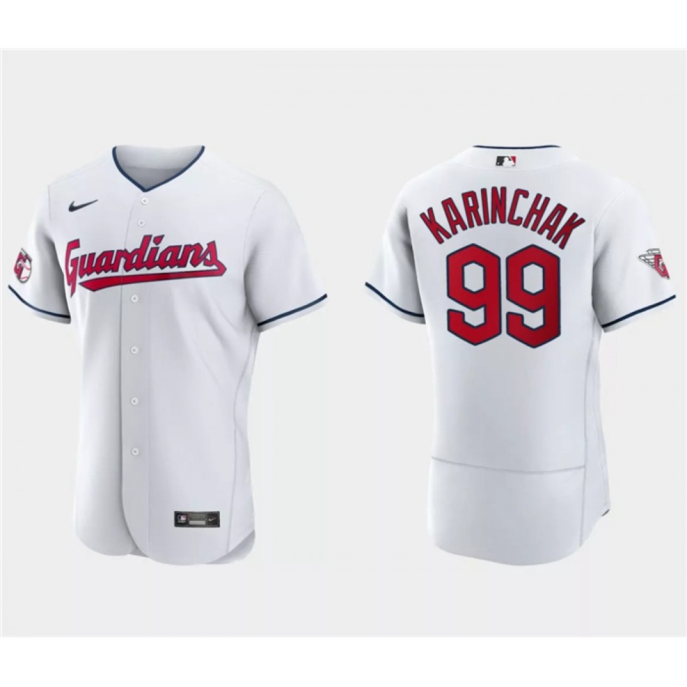 Men's Cleveland Guardians #99 James Karinchak White Flex Base Stitched Jersey