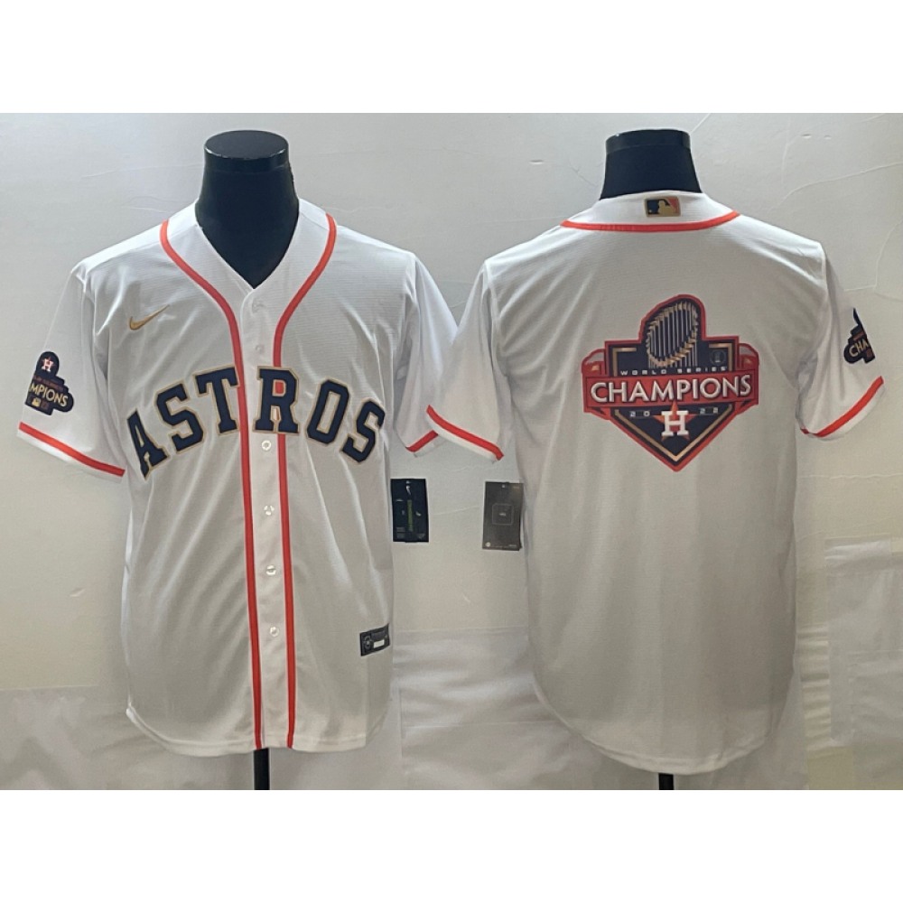 Men's Houston Astros White 2023 Gold Collection With World Serise Champions Patch Team Big Logo Cool Base Stitched Baseball Jersey