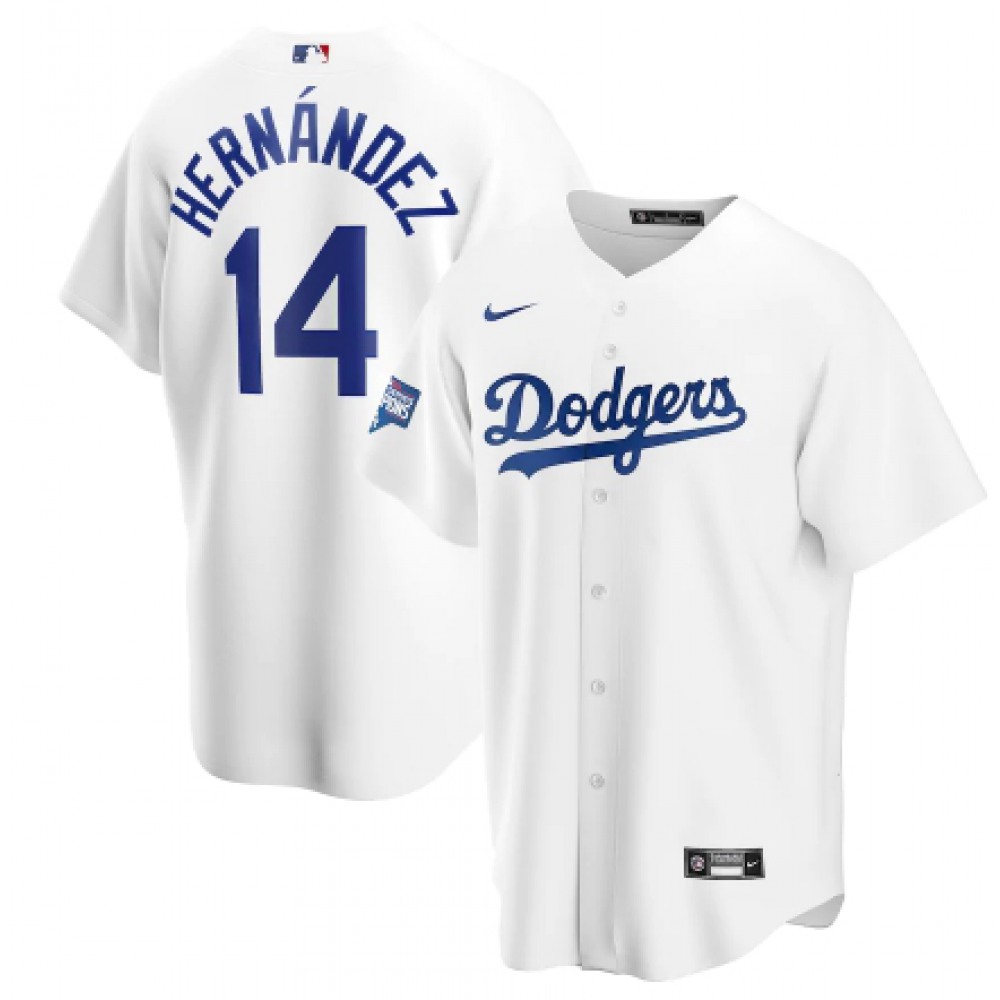Men's Los Angeles Dodgers #14 Kike Hernandez White 2020 World Series Champions Home Patch Cool Base Stitched Jersey