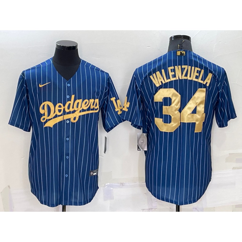 Men's Los Angeles Dodgers #34 Fernando Valenzuela Navy Gold Cool Base Stitched Baseball Jersey