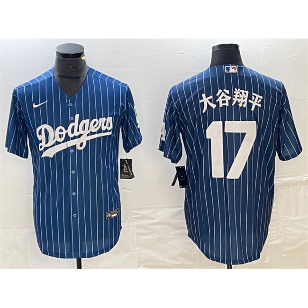 Men's Los Angeles Dodgers #17 Shohei Ohtani Navy Cool Base With Patch Stitched Baseball Jersey