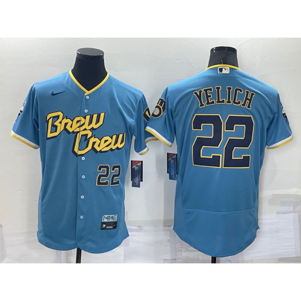 Men's Milwaukee Brewers #22 Christian Yelich Powder Blue 2022 City Connect Flex Base Stitched MLB Jersey