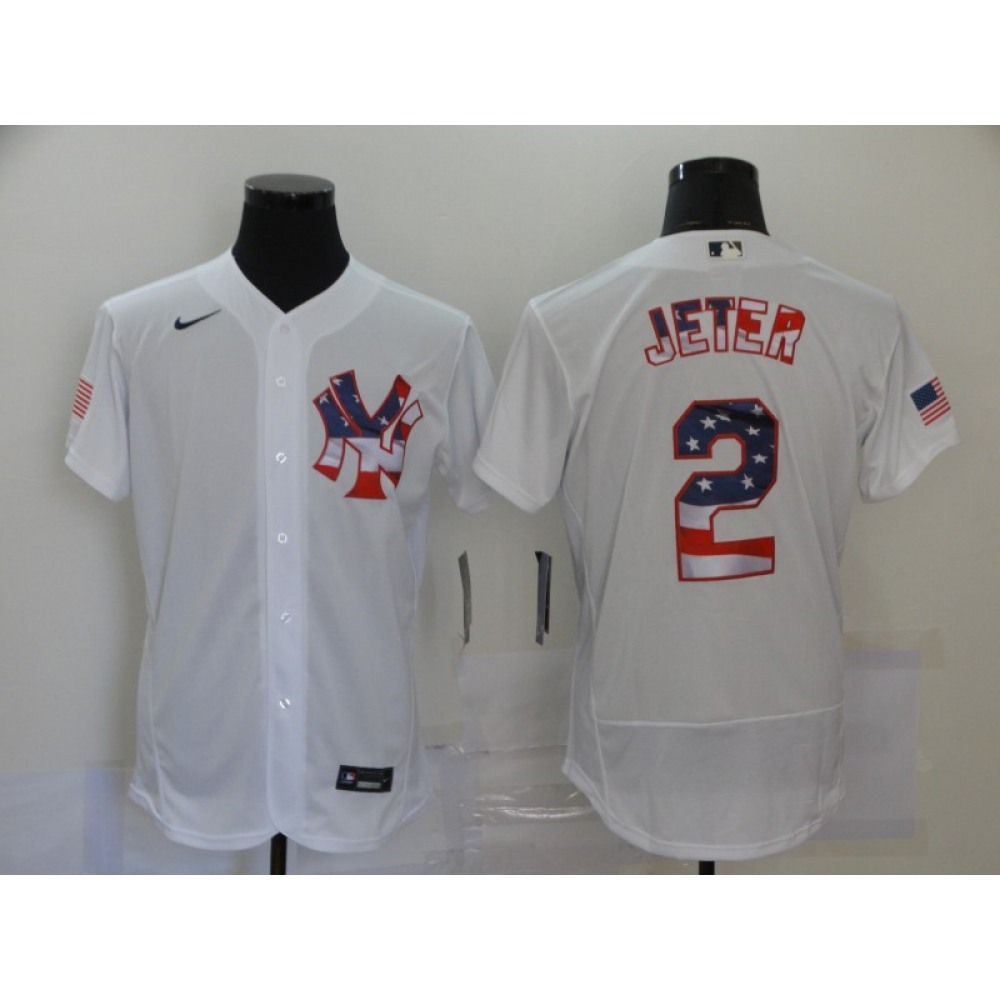 Men's New York Yankees #2 Derek Jeter White 2020 Stars & Stripes Flex Base Stitched Jersey