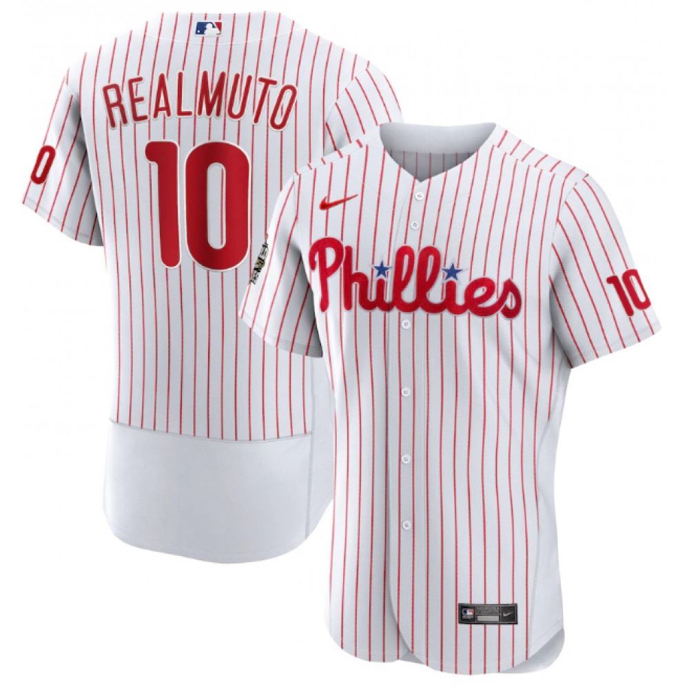 Men's Philadelphia Phillies #10 J.T. Realmuto White 2022 World Series Flex Base Stitched Baseball Jersey