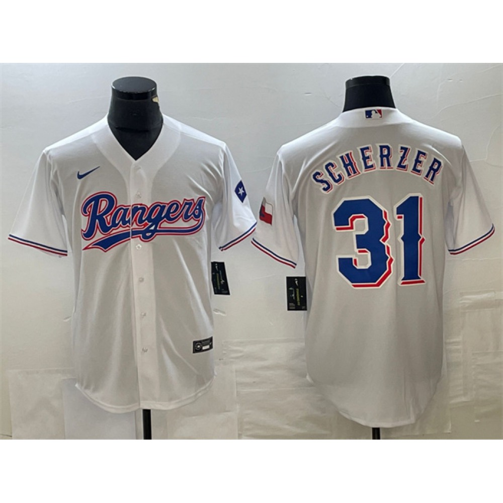 Men's Texas Rangers #31 Max Scherzer White With Patch Cool Base Stitched Baseball Jersey