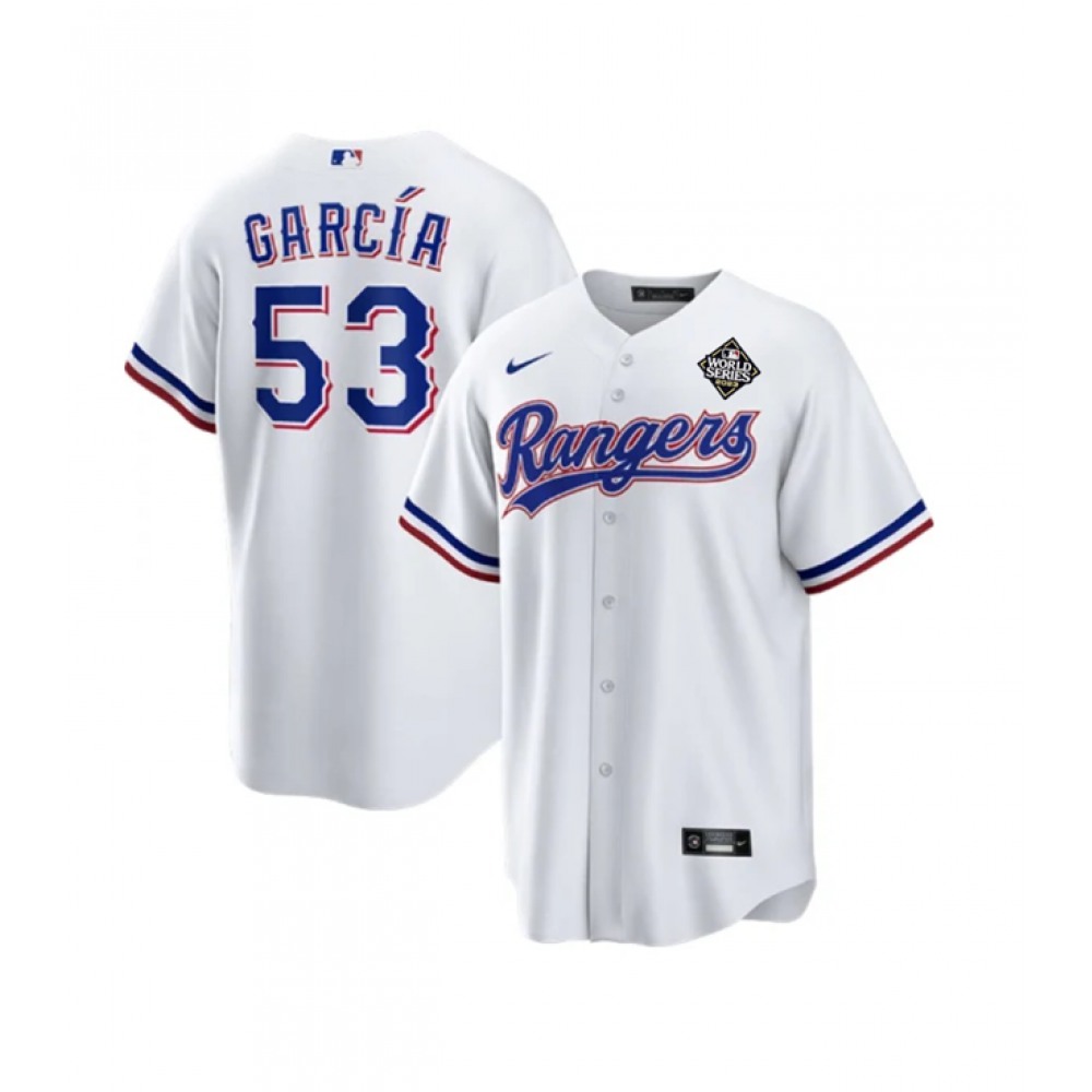 Men's Texas Rangers #53 Adolis Garcia White 2023 World Series Stitched Baseball Jersey