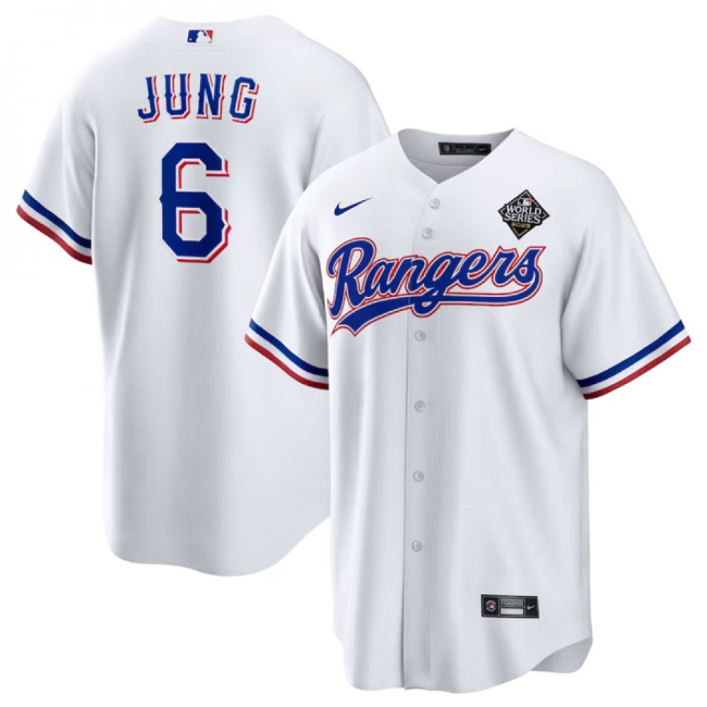 Men's Texas Rangers #6 Josh Jung 2023 White World Series Stitched Baseball Jersey
