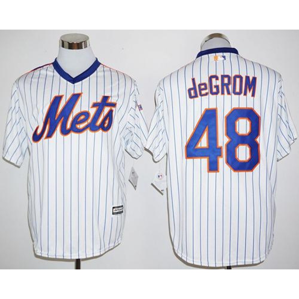 Mets #48 Jacob DeGrom White(Blue Strip) Cool Base Cooperstown 25TH Stitched MLB Jersey