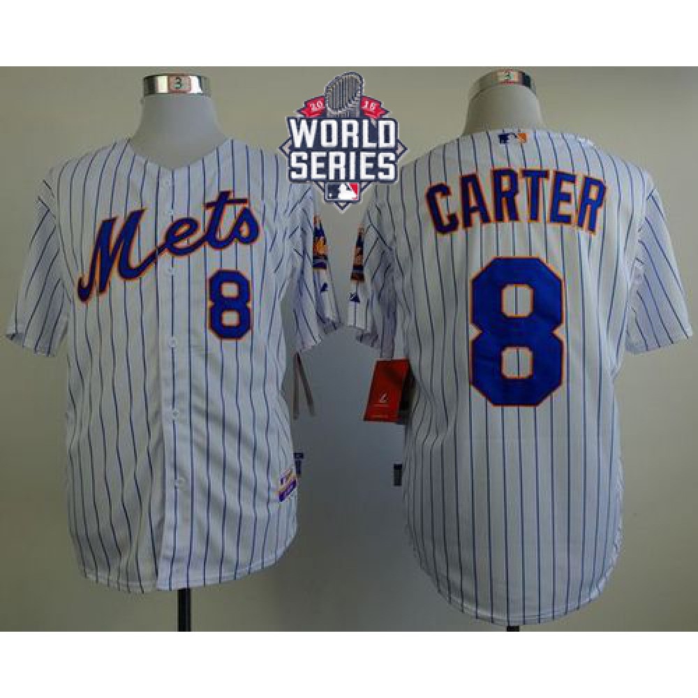 Mets #8 Gary Carter White(Blue Strip) Home Cool Base W/2015 World Series Patch Stitched MLB Jersey