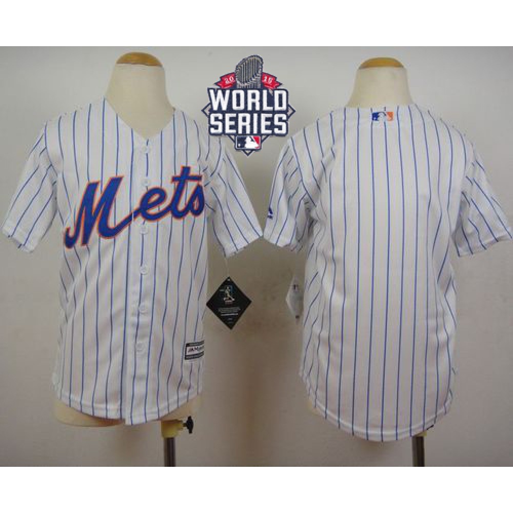 Mets Blank White(Blue Strip) Home Cool Base W/2015 World Series Patch Stitched Youth MLB Jersey