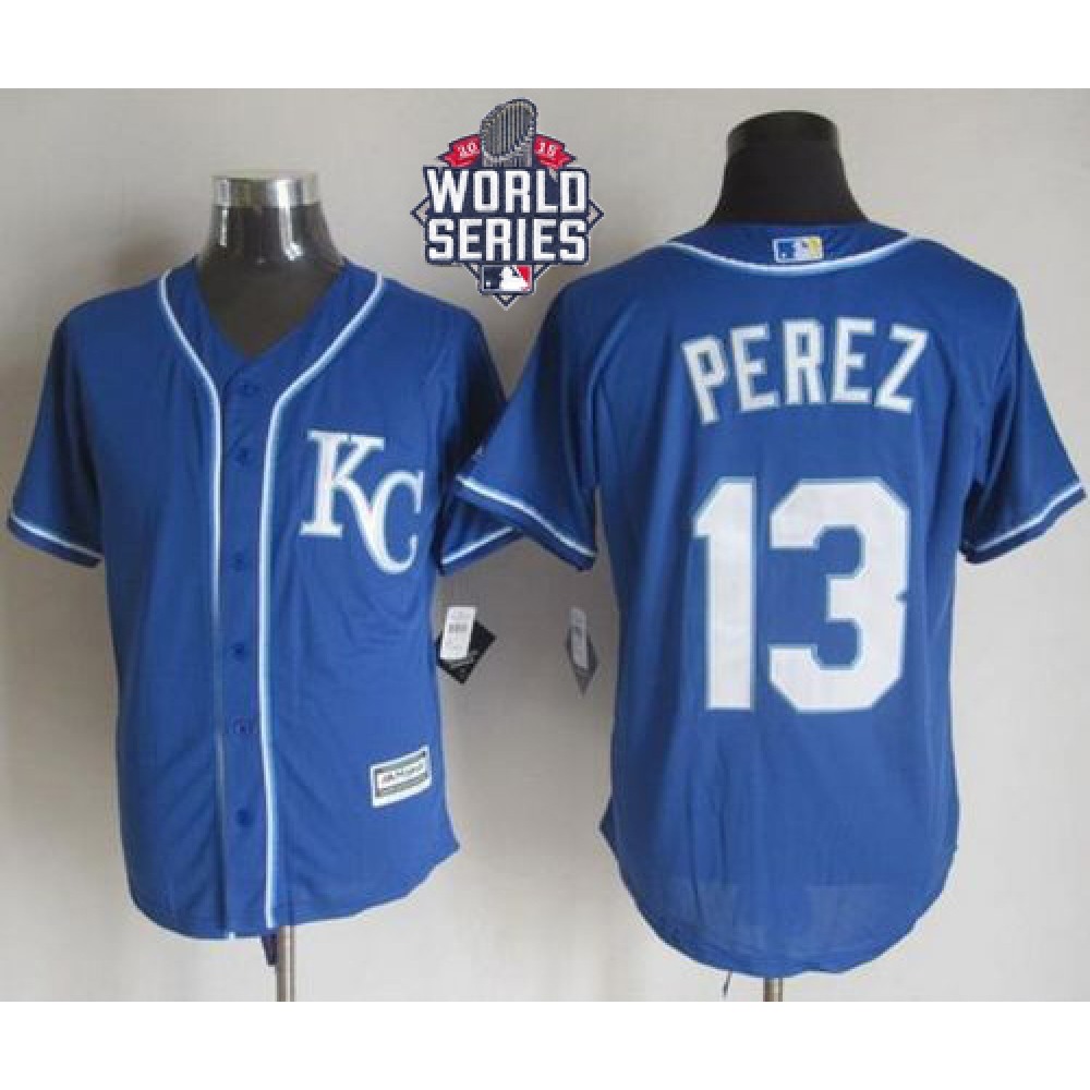 Royals #13 Salvador Perez Blue Alternate 2 New Cool Base W/2015 World Series Patch Stitched MLB Jersey