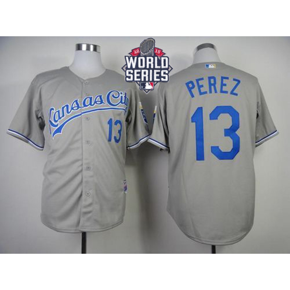 Royals #13 Salvador Perez Grey Cool Base W/2015 World Series Patch Stitched MLB Jersey