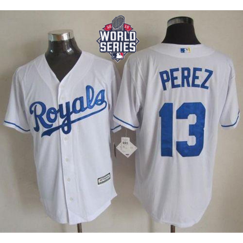 Royals #13 Salvador Perez White New Cool Base W/2015 World Series Patch Stitched MLB Jersey