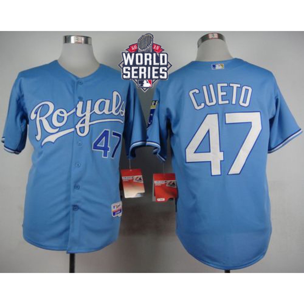 Royals #47 Johnny Cueto Light Blue Alternate 1 Cool Base W/2015 World Series Patch Stitched MLB Jersey
