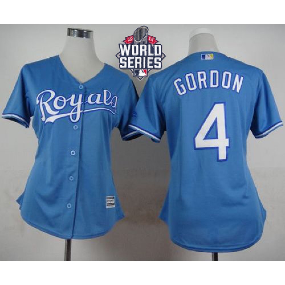 Royals #4 Alex Gordon Light Blue Alternate 1 W/2015 World Series Patch Women's Stitched MLB Jersey