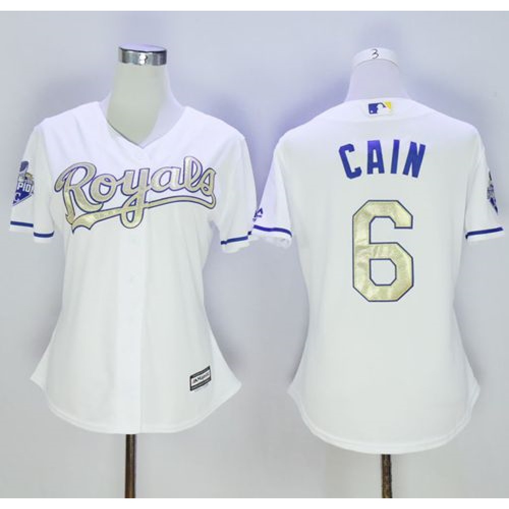 Royals #6 Lorenzo Cain White 2015 World Series Champions Gold Program Cool Base Women's Stitched MLB Jersey