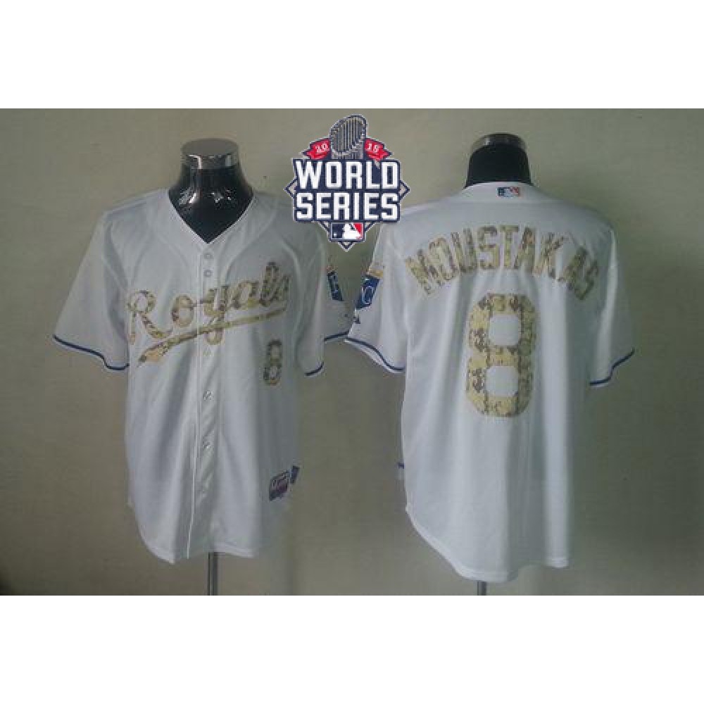 Royals #8 Mike Moustakas White USMC Cool Base W/2015 World Series Patch Stitched MLB Jersey