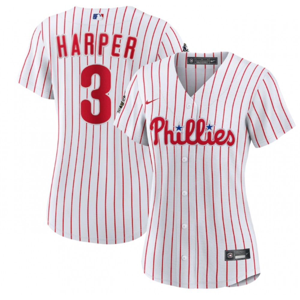Women's Philadelphia Phillies #3 Bryce Harper White 2022 World Series Flex Base Stitched Baseball Jersey(Run Small)